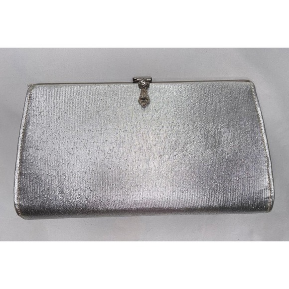 Vintage 60s Silver Metallic Clutch Vintage Formal Evening Glam Gala Hoco Prom - Picture 1 of 10